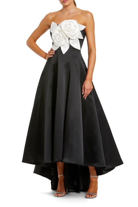 Strapless Satin High Low Gown With 3D Flowers