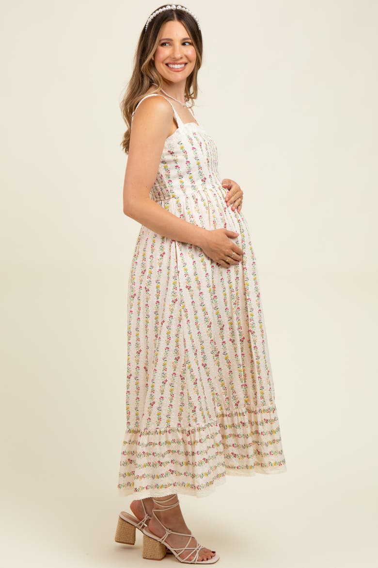 Floral Textured Cotton Lace Trim Maxi Dress, Alternate, color, Cream