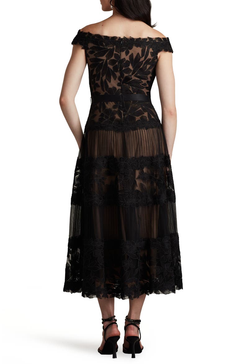 Embroidered Off the Shoulder Midi Dress, Alternate, color, BLACK/NUDE