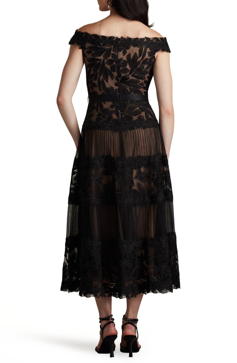 Tadashi Shoji Embroidered Off the Shoulder Midi Dress, Alternate, color, Black/Nude