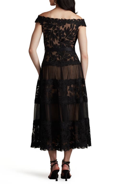 Tadashi Shoji Geometric Floral Embroidered Tulle A-line Dress In Black/nude