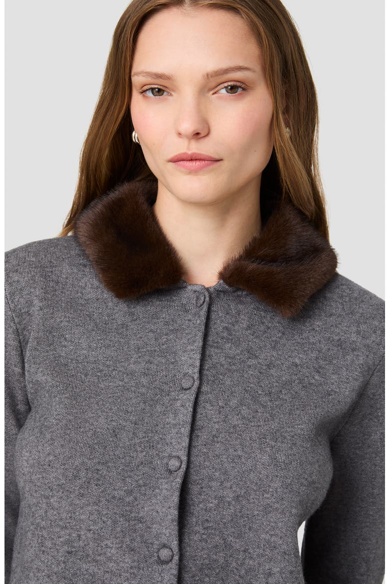 Sloane Faux Fur Collar Cardigan, Alternate, color, DARK GREY MEL/ BROWN MULTI