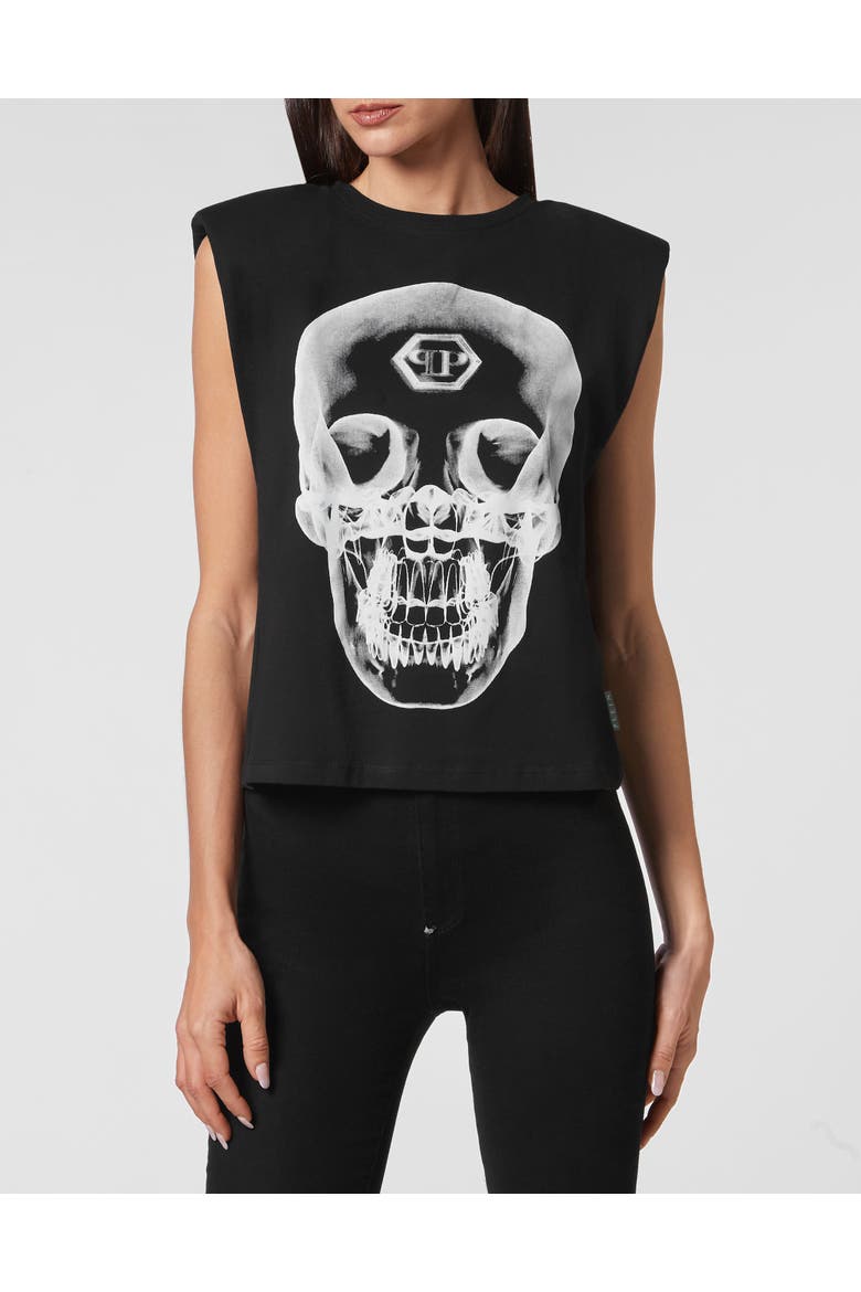 T-Shirt Round Neck Skull Women, Main, color, black
