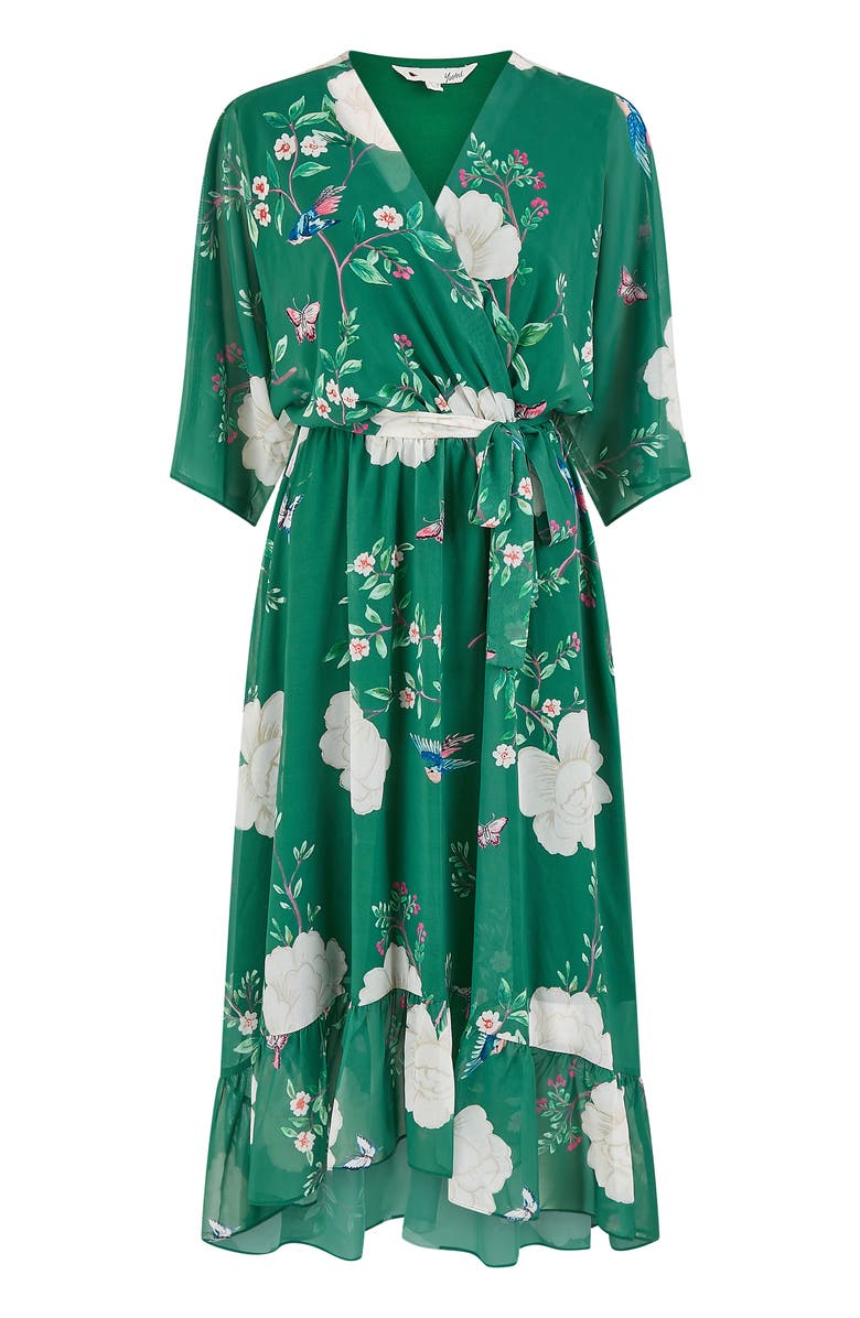 Yumi Bird And Floral Print Midi Wrap Dress, Alternate, color, Green
