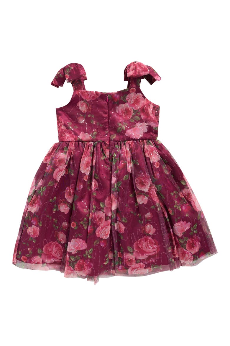 Kids' Shirred Floral Dress with Bows, Alternate, color, BURGUNDY