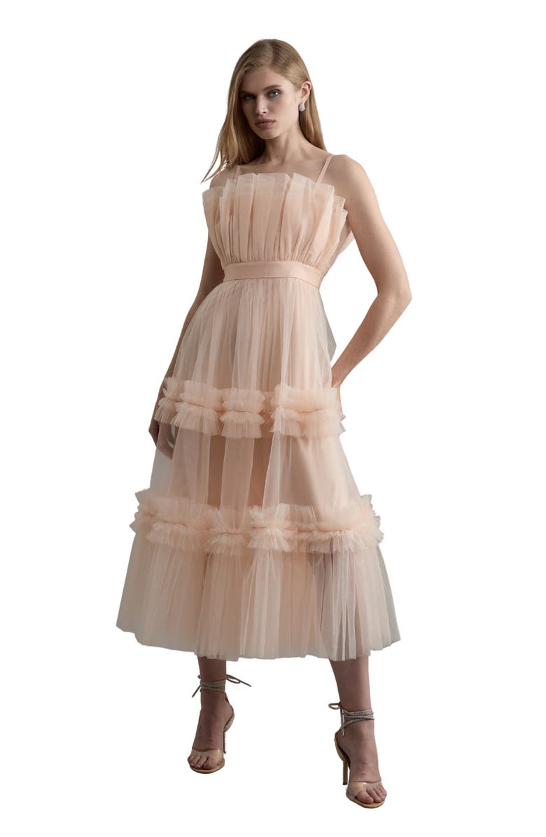 Karen Millen Tulle Bandeau Tiered Midi Dress, Main, color, Blush
