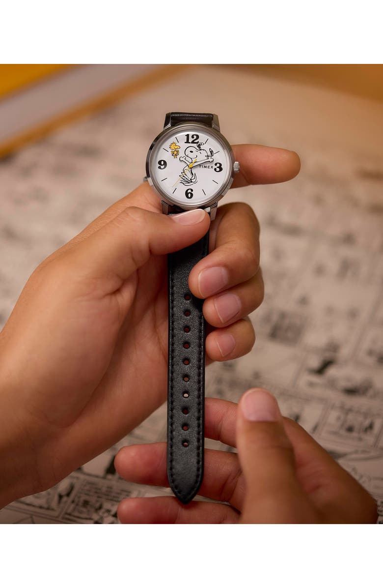 Timex<sup>®</sup> x Peanuts Marlin<sup>®</sup> 75th Anniversary Edition Leather Strap Watch, 38mm, Alternate, color,