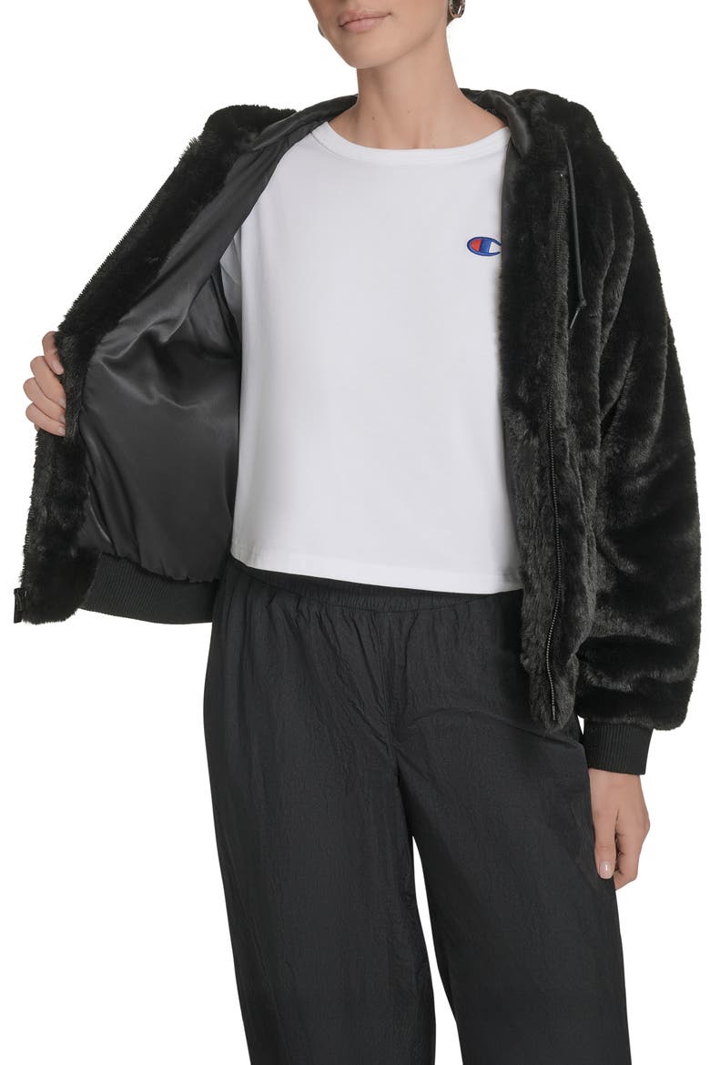 Faux Fur Bomber Hoodie, Alternate, color, BLACK