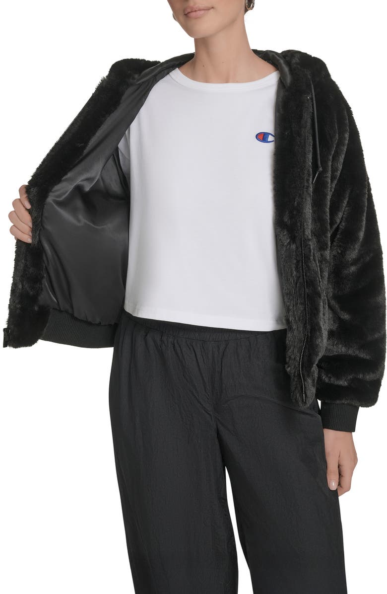 Champion Faux Fur Bomber Hoodie, Alternate, color, Black