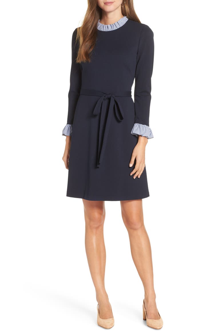 Long Sleeve Ruffle Detail Shirtdress, Main, color, NAVY