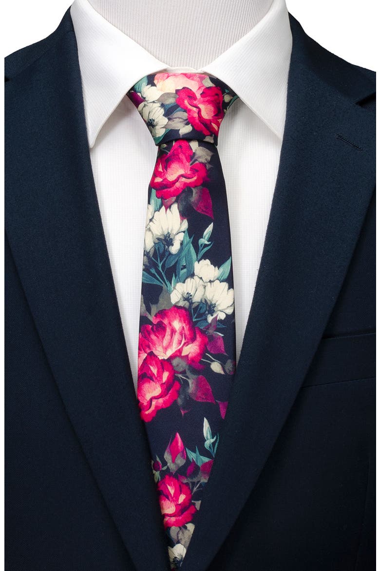 Floral Silk Tie & Pocket Square, Alternate, color, NAVY
