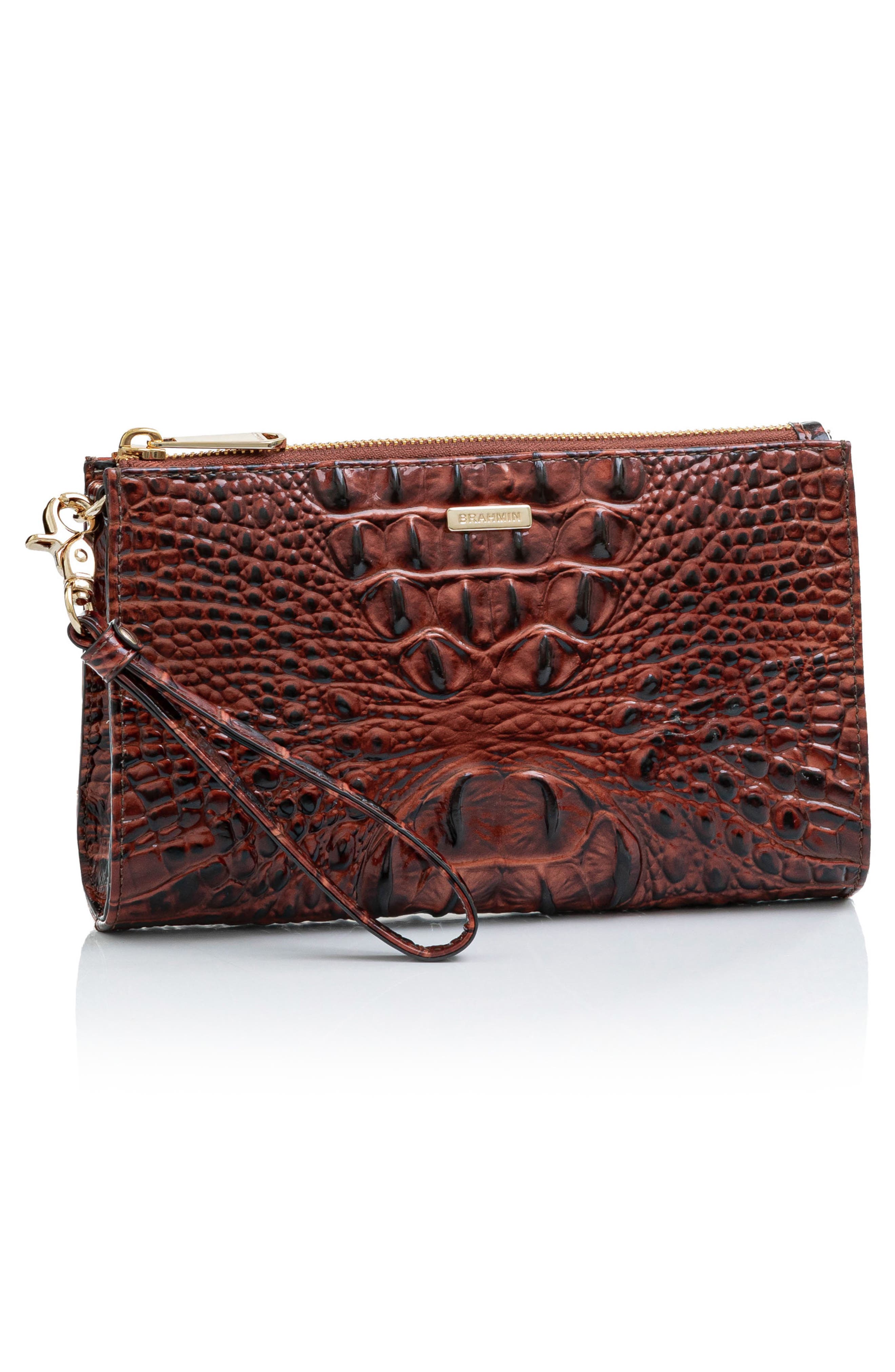 Daisy Croc Embossed Leather Wristlet, Alternate, color, PECAN