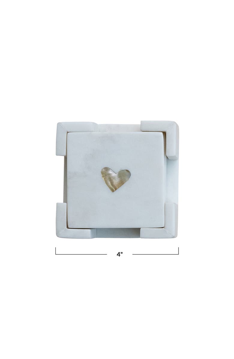 Storied Home Marble Coasters with Heart Shaped Mother of Pearl Inlay, White and Natural, Alternate, color, White