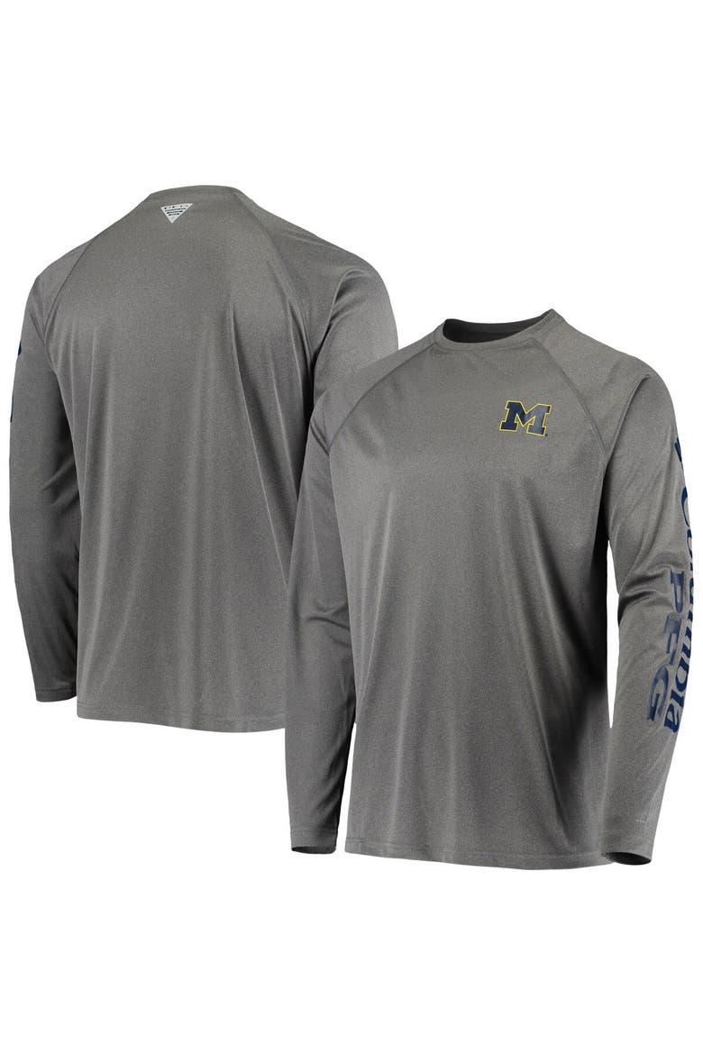 Men's Columbia Charcoal Michigan Wolverines Terminal Tackle Omni-Shade Raglan Long Sleeve T-Shirt, Main, color, Charcoal
