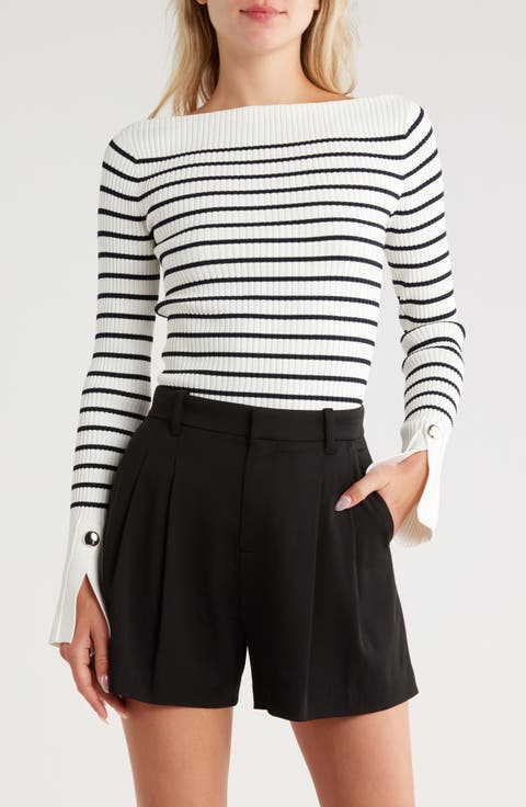 Anya Stripe Rib Boat Neck Sweater