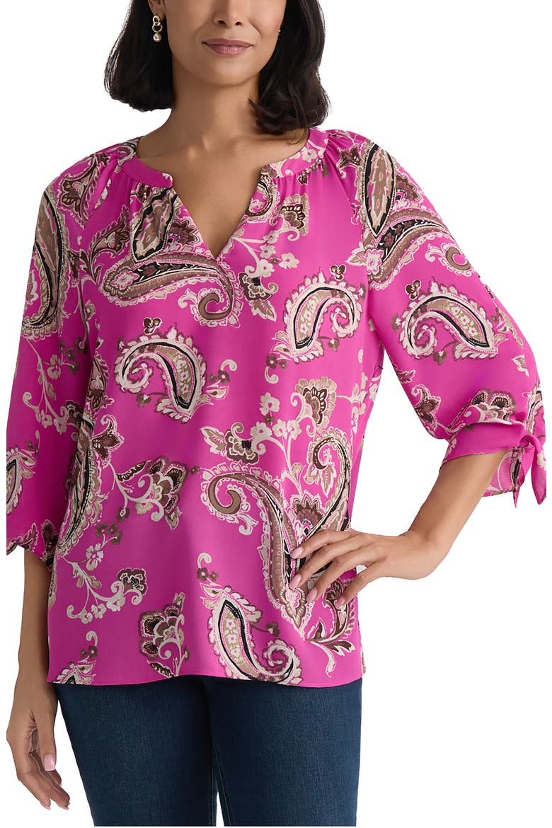 Paisley Split Neck Top with Tie Sleeves, Main, color, BRIGHT ORCHID MULTI