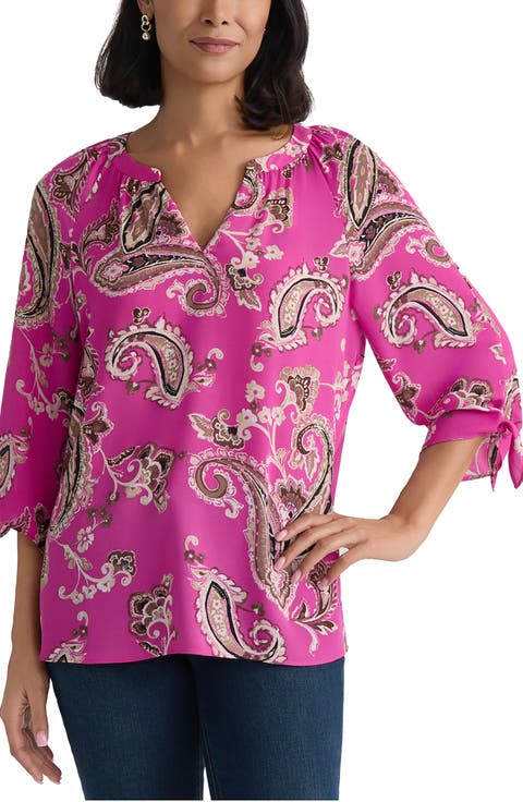 Paisley Split Neck Top with Tie Sleeves