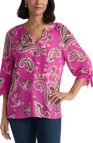 Jones New York Paisley Split Neck Top with Tie Sleeves