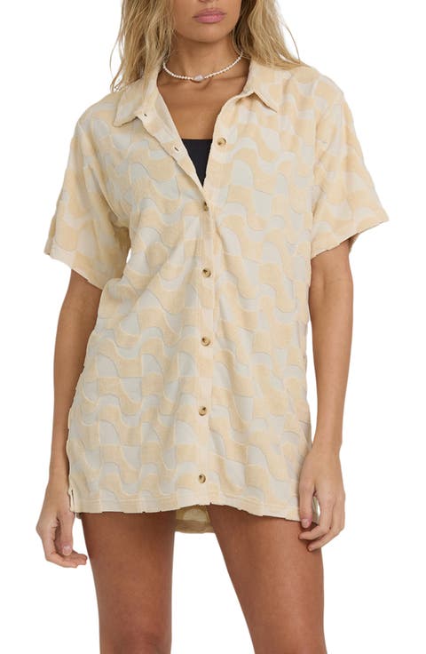 Laura Waves Jacquard Cotton Terry Cover-Up Button-Up Shirt