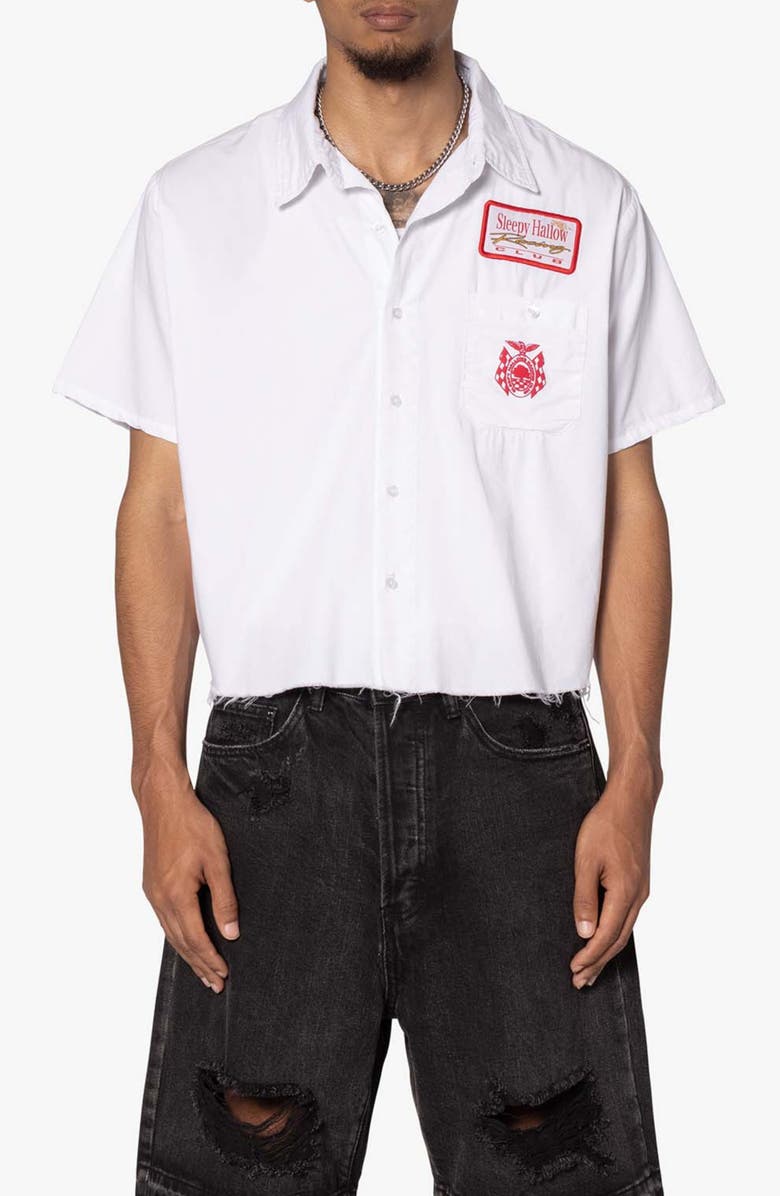 mnml SHRC Checkered Flad Short Sleeve Cotton Graphic Button-Up Shirt, Main, color, White