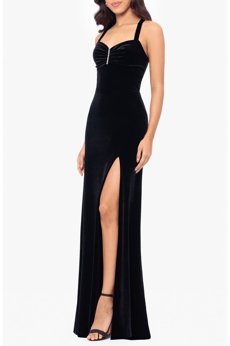 Slit Velvet Gown, Alternate, color, BLACK