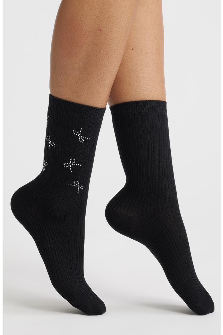 Sweeney Crystal Mini Bow Crew Socks, Main, color, BLACK