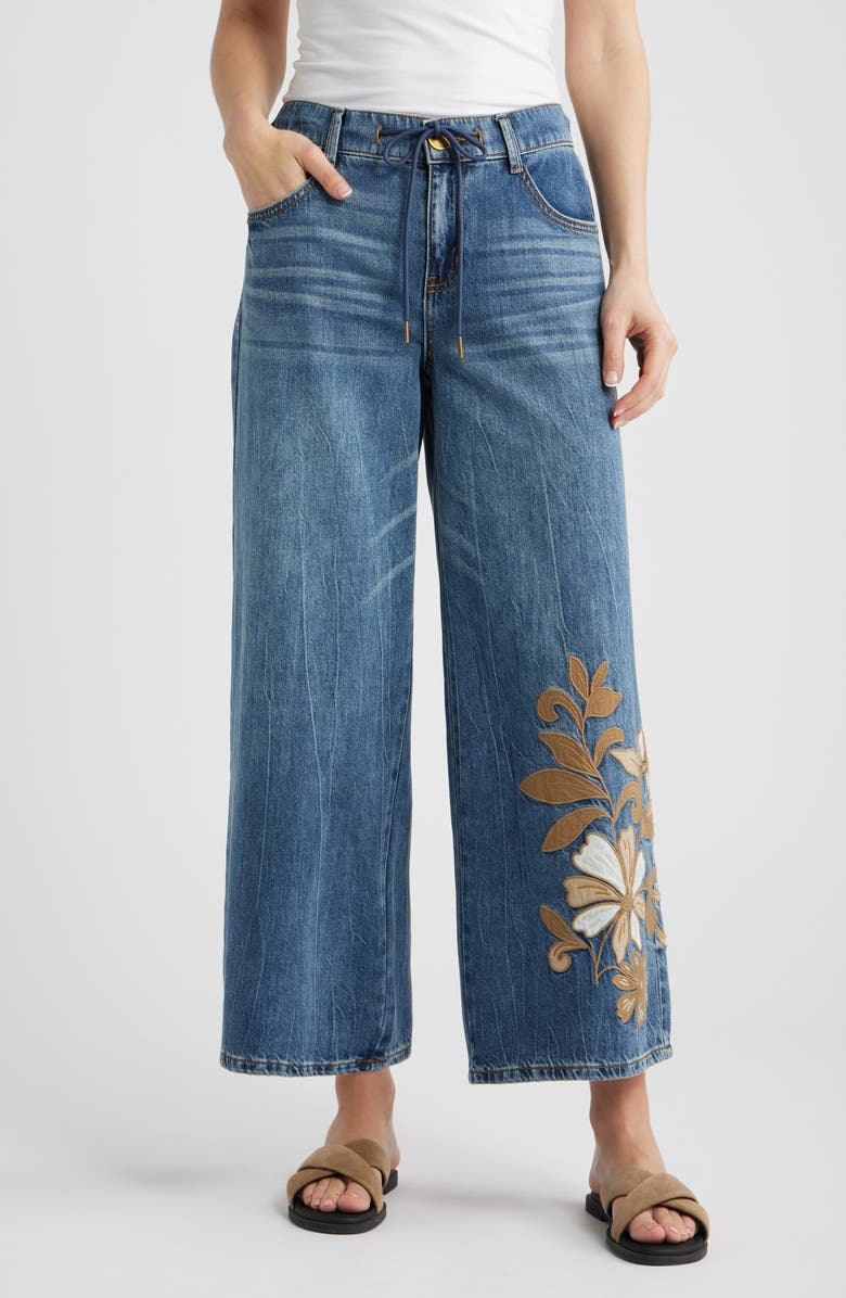 Wit & Wisdom Flower Appliqué High Waist Wide Leg Jeans, Main, color, Mid Blue Artisanal