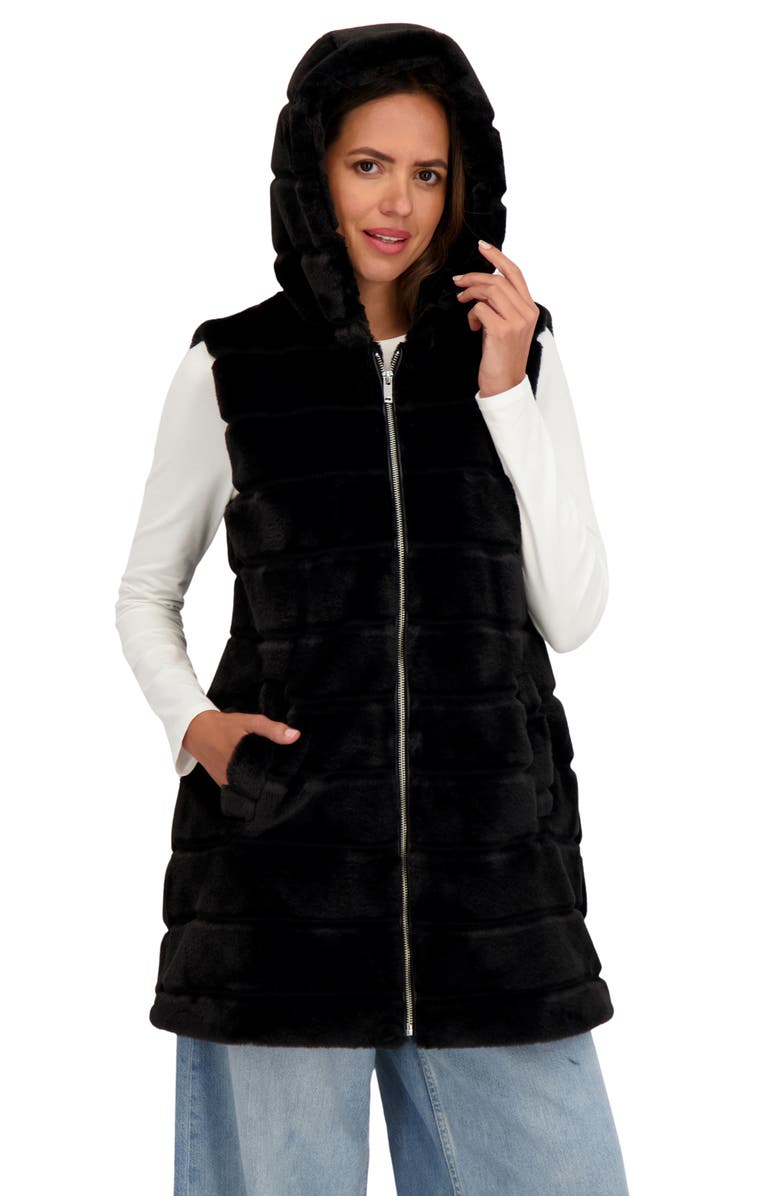 Sebby Faux Fur Hooded Vest, Alternate, color, Black