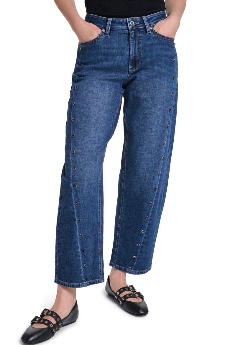 Grommet Detail Barrel Leg Jeans, Main, color, COBALT BLUE
