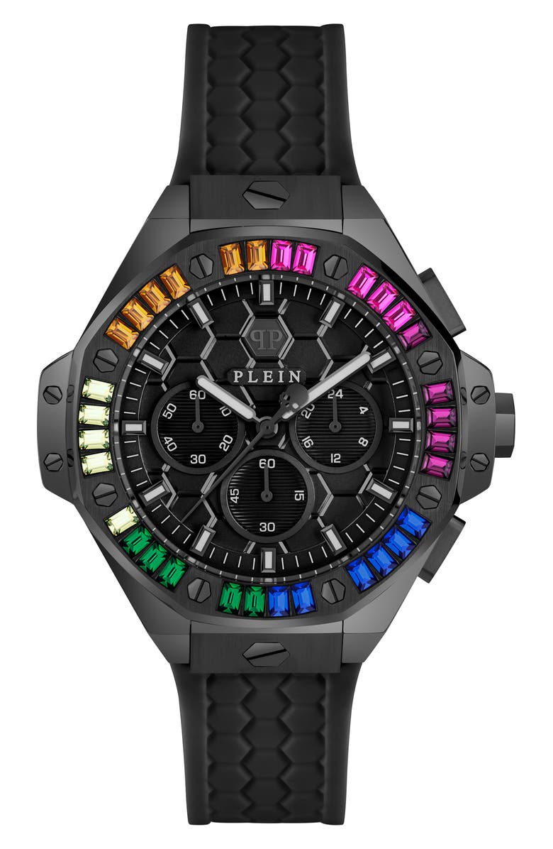 PHILIPP PLEIN Chrono Royal Crystal Silicone Strap Watch, 42mm, Main, color, Ip Black