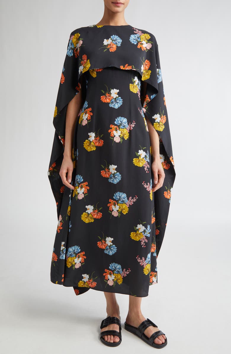 Emilia Wickstead Alphonse Floral Silk Crêpe de Chine Cape Dress, Main, color, Retro Bouquet On Black