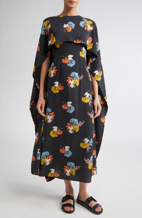 Alphonse Floral Silk Crêpe de Chine Cape Dress