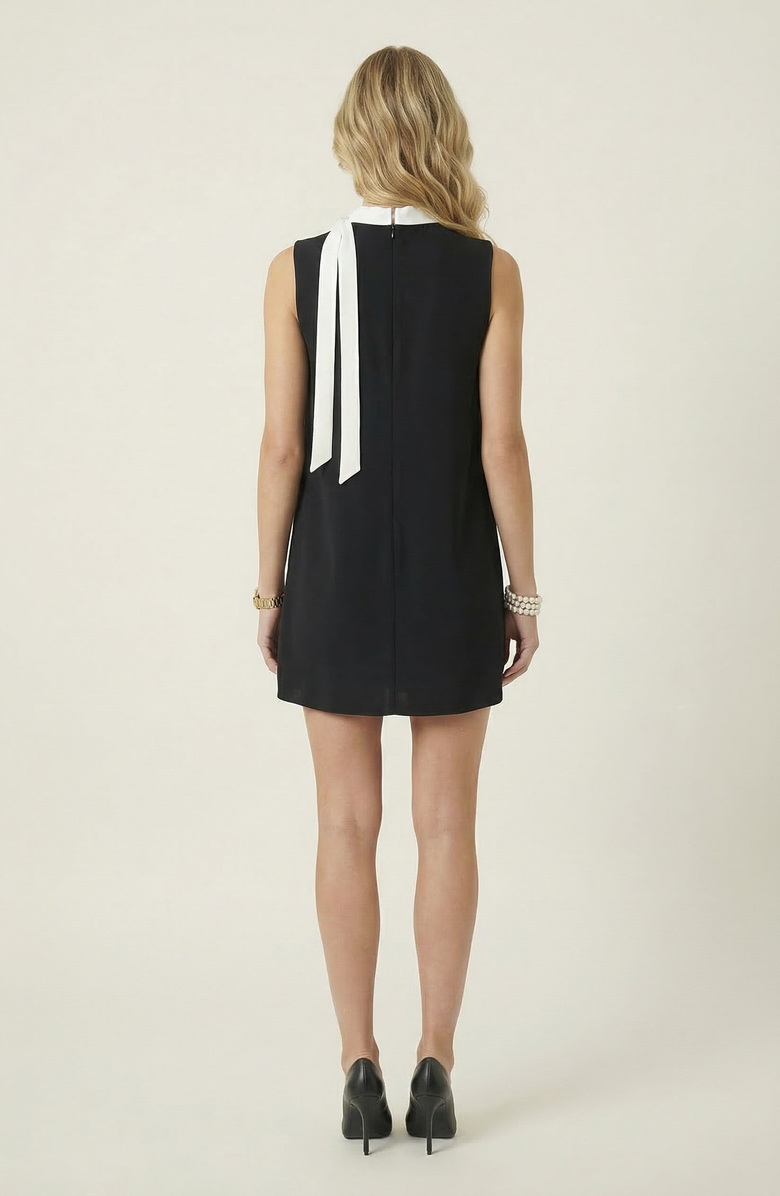 Modenaire Sleeveless Shift Dress with Contrast Tie Neck and Pleat Detail, Alternate, color, Black / White