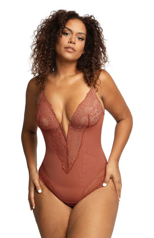 Popilush Shapewear Lace Deep V-Neck Sculpting Thong Bodysuit in Chocolate at Nordstrom, Size Xx-Large