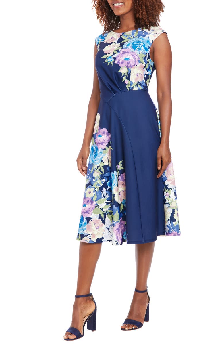 London Times Floral Sleeveless Asymmetric Fit & Flare Dress, Alternate, color,