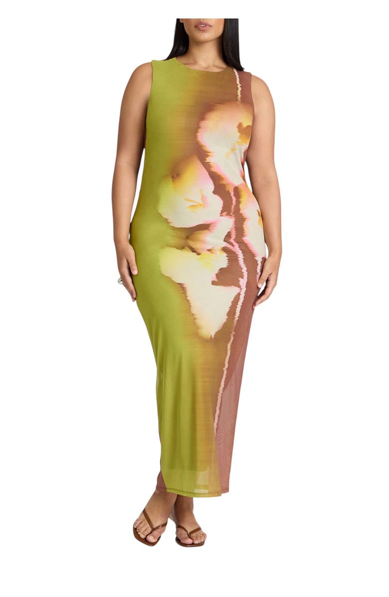 ELOQUII Printed Mesh Dress With Shirring, Main, color, Fragile Sprout