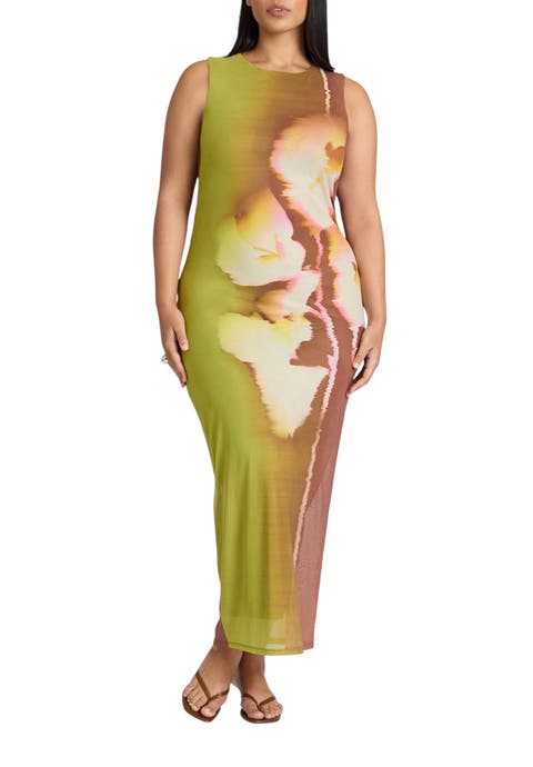 Printed Mesh Dress With Shirring (Plus)