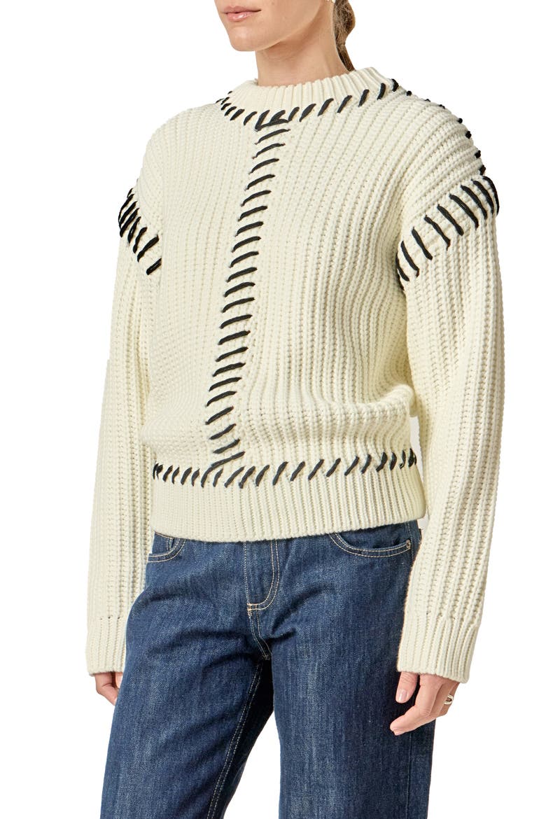 Stitch Detail Chunky Sweater, Alternate, color, CREAM/ BLACK