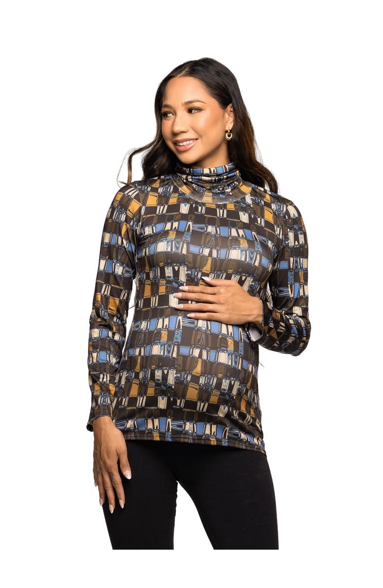 24seven Comfort Apparel Mock Neck Long Sleeve Printed Top, Main, color, Green Multi