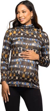 24seven Comfort Apparel Mock Neck Long Sleeve Printed Top