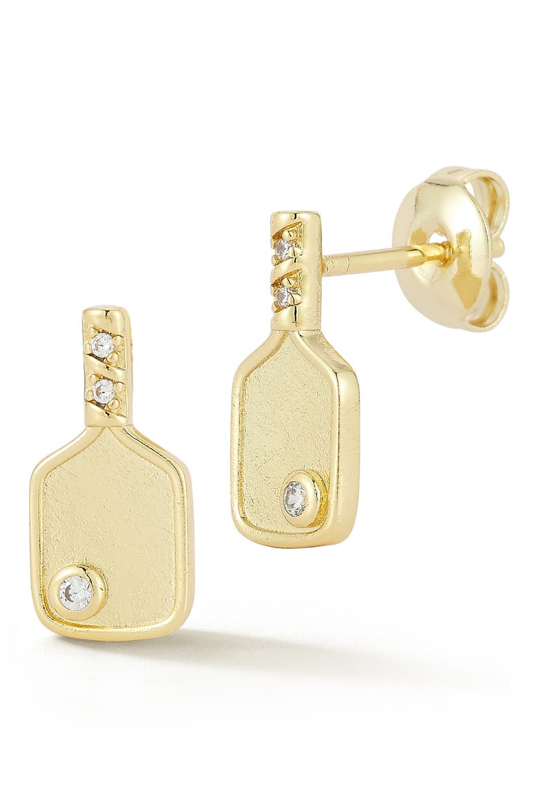 Pickleball Paddle Cubic Zirconia Stud Earrings, Main, color, GOLD
