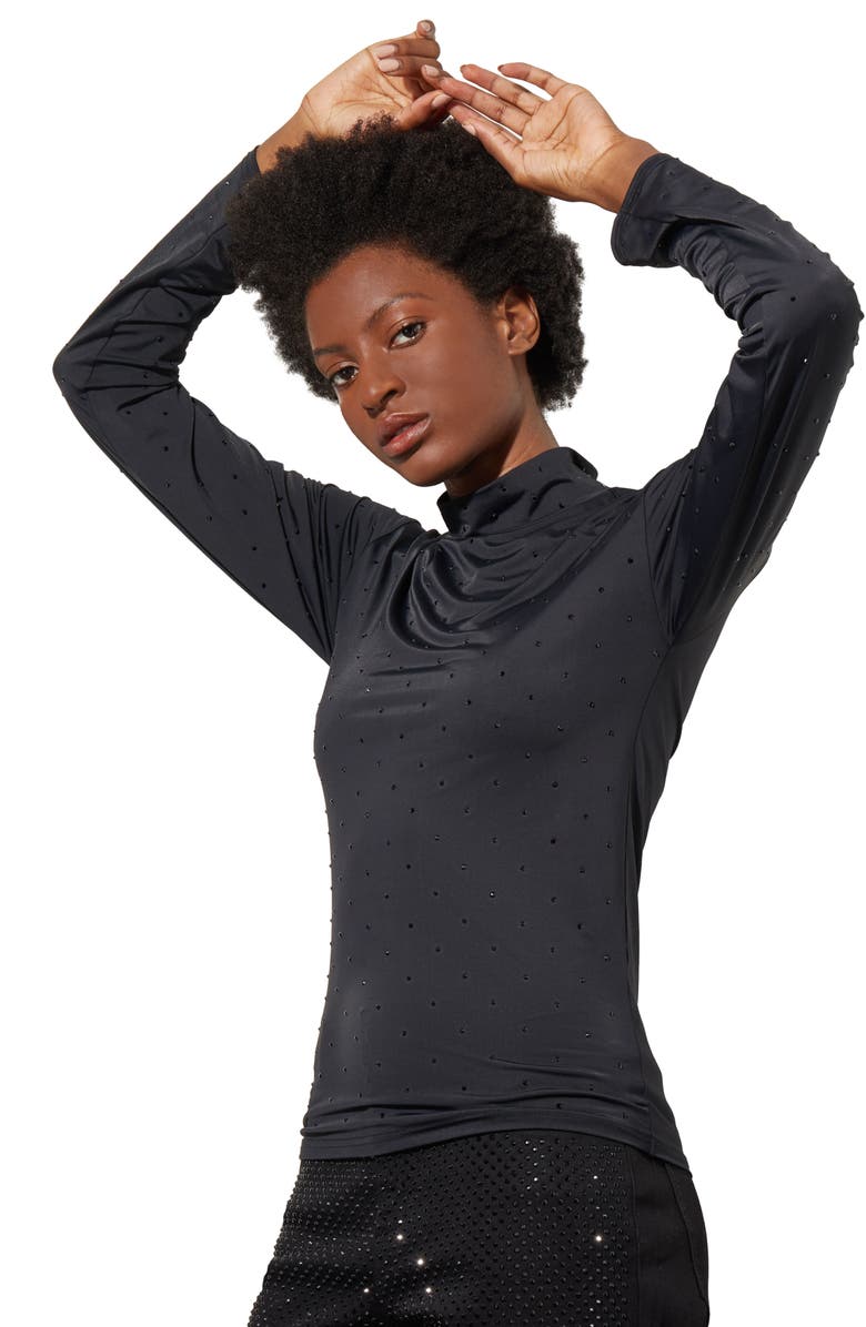 Ming Wang Crystal Detail Mock Neck Top, Alternate, color, Black