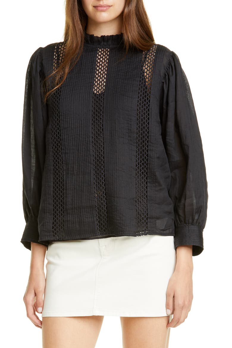 Lace Inset Ruffle Neck Top, Main, color, NOIR