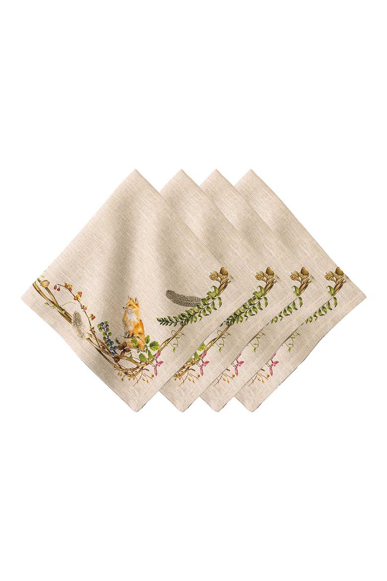 Forest Walk Animal Set of 4 Linen Napkins, Main, color, CAF AU LAIT