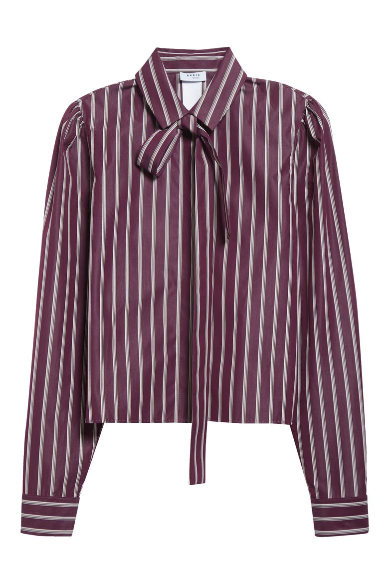 Stripe Tie Neck Cotton Poplin Button-Up Shirt, Alternate, color, BLACKBERRY