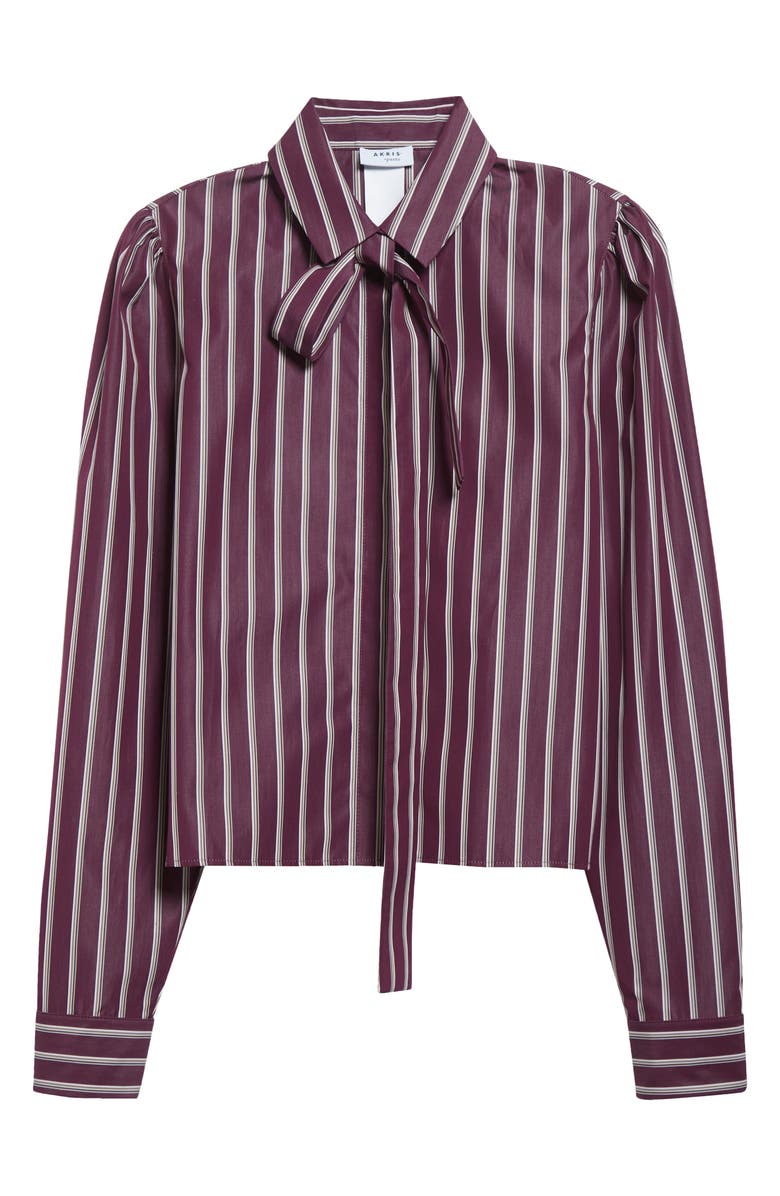 Akris punto Stripe Tie Neck Cotton Poplin Button-Up Shirt, Alternate, color, Blackberry