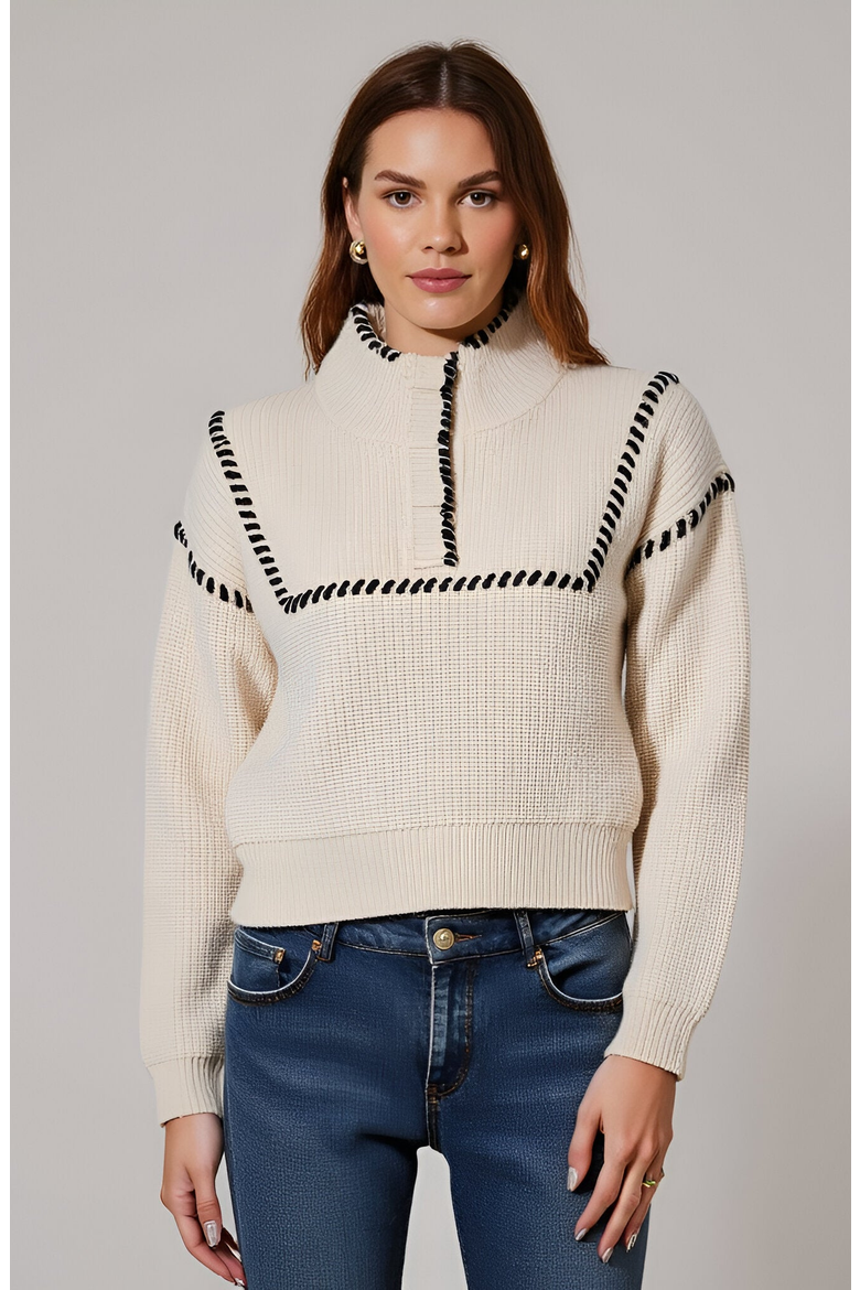 Cropped Sweater with Whipstitch Detail, Main, color, Cream