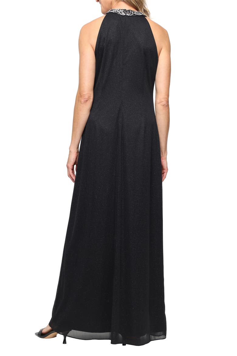 Embellished Halter Neck Sleeveless Glitter Gown, Alternate, color, BLACK