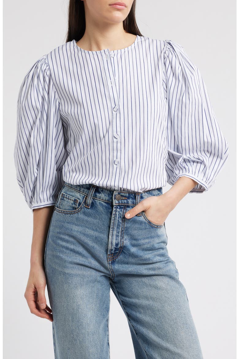 Puff-Sleeve Button-Up Top in Stripe, Main, color, DARK BLUE WHITE STRIPE