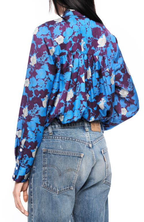 Smythe Floral Shirred Point-collar Blouse In Lapis Floral